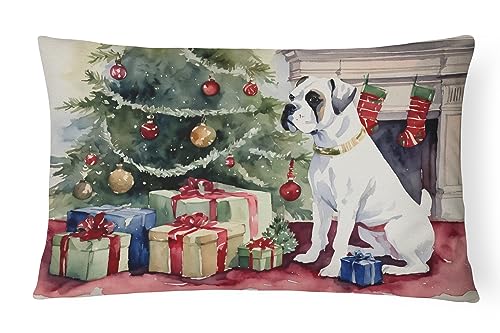 Caroline's Treasures DAC1285PW1216 White Boxer Christmas Fabric Decorative Pillow Machine Washable, Indoor Outdoor Decorative Pillow for Couch, Bed or Patio, 12HX16W