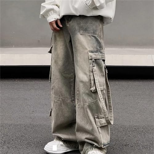 Men Jeans American Straight Tube Mud Dyed Loose Multi Pocket Workwear Pants Vintage Male Trousers3