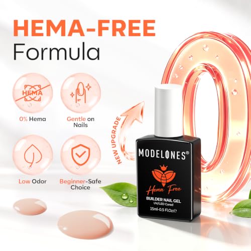 Image of modelones Builder Nail Gel HEMA-Free Neutral Nude Builder Strengthener | in-1 Nude Hard Rubber Color Base Gel Polish Strengthener for Nail Extension, Natural Apex, Self-Leveling, U /V Cured Salon