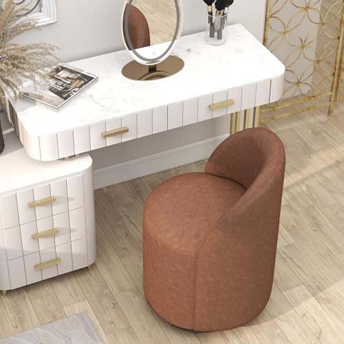 Image of HNY Upholstered Kitchen & Dining Room Barrel Chair, Mid Century Modern Round Leather Dining Chair, 360 Degree Swivel Comfy Armless Accent Makeup Vanity Side Chair for Bedroom Living Room, Brown