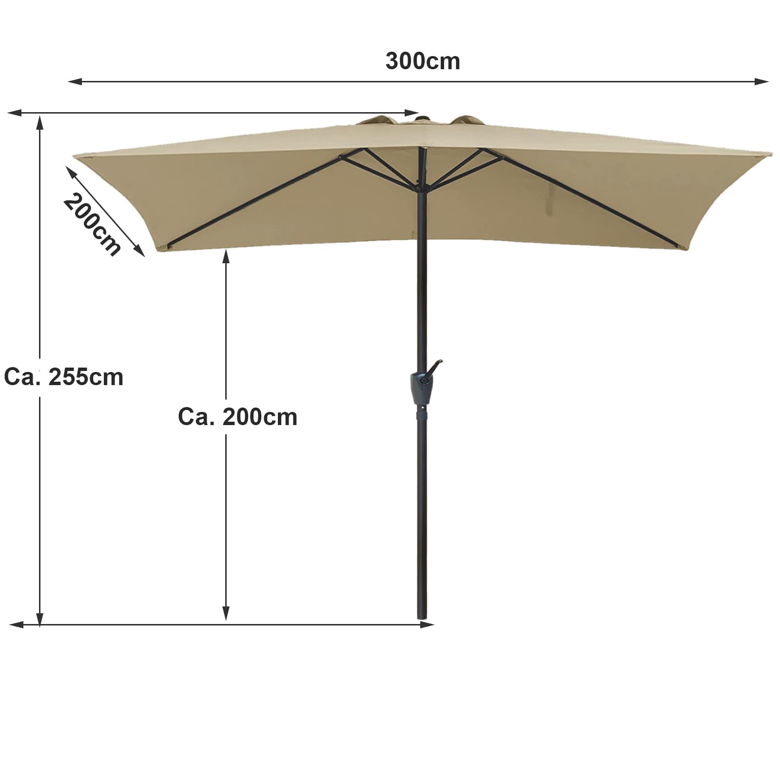 RANSENERS Kippbar Sonnenschirm Rechteckig 200 x 300 cm, Beidseitig um 30° Knickbar, Kurbel öffnen & Schließen, UV50+, für Garten, Terrasse, Balkon, Cafe im Freien