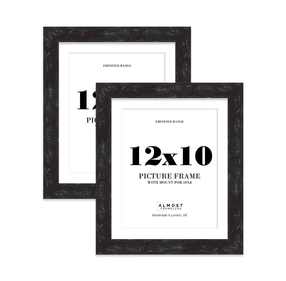 12x10" Distressed Black Picture Frame with 10x8" Mount - Barnwood Photo Frame with Distressed Finish, Wall Hooks and Kickstand, 32mm Edge - 2 Pack