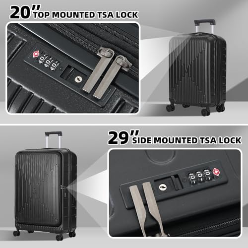 Image of Kaleenie 2 Pieces 20 /29 Luggage Sets, 20 Inch Cabin Luggage with Front Pocket & 29 Inch Side Opening Suitcase, Ligthweight ABS+PC Hardshell, TSA Lock with HINOMOTO 360 Wheels, Black