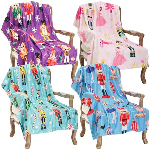 Remagr 4 Pack Christmas Throw Blanket Set Bulk Christmas Nutcracker Pattern Fuzzy Flannel Blankets Colorful Soft Cozy Winter Xmas Gifts Home Living Bedroom Decor for Couch Sofa Chair Bed 40x50 Inch