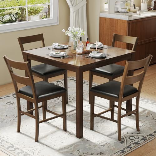 LUXOAK 5-Piece Dining Table Set with 4 Chairs, Mid Century Modern Kitchen Table and Chairs Set with Rubberwood Legs & PU Cushion, Compact Space-Saving Dining Room Furniture for Small Spaces, Brown
