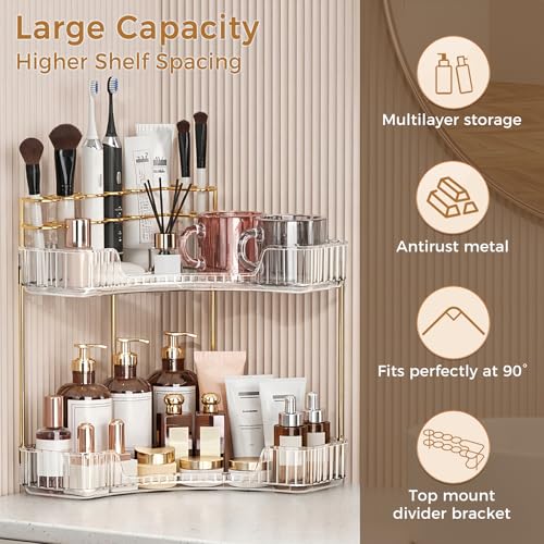 Image of BEFSOP Corner Bathroom Counter Organizer, Upgraded 2-Tier Makeup Organizer Countertop with Makeup Brush Holder, Skincare Exquisite Vanity Organizers Countertop Bathroom Storage Dresser(CLEAR)