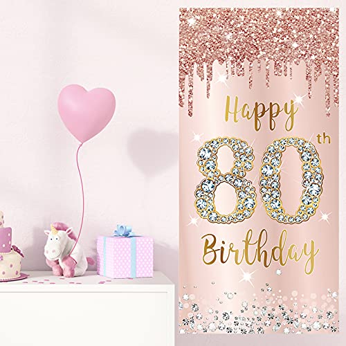 Image of 80th Birthday Door Banner Decorations for Women, Pink Rose Gold Happy 80th Birthday Door Cover Backdrop Party Supplies, Large 80 Year Old Birthday Poster Sign Decor
