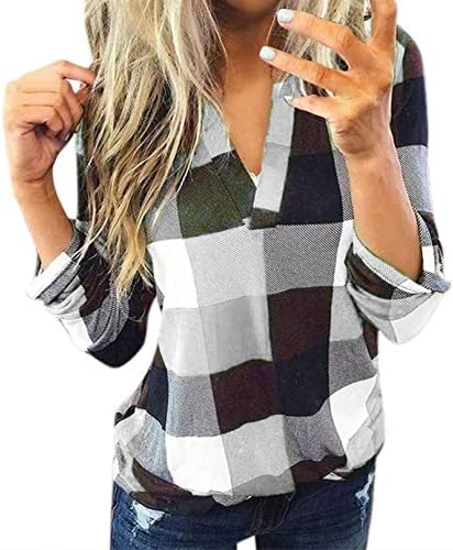 YAnGSale Top Casual Plaid Blouse Women Cotton Sweatshirt Long Sleeve Shirts Women's V-Neck Fall Sweaters Pullover Tops
