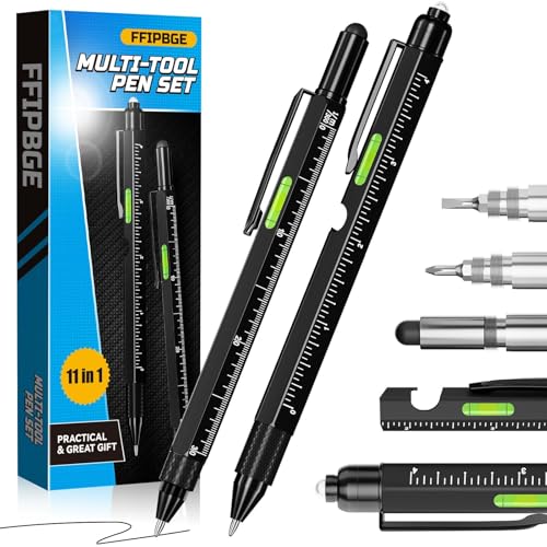 Christmas Stocking Stuffers for Men Adults, 2 Pack Multi-Tool Pen Set, 11 in 1 Multitool Pen with LED Light, Ruler, Level, Screwdriver, Stylus, Flathead, Gifts for Men Boyfriend, Husband, Him, Black