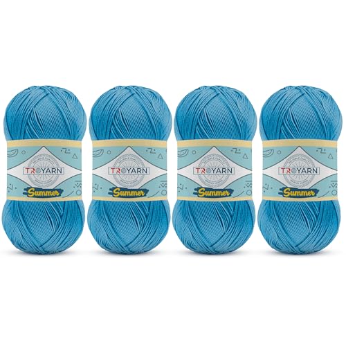 TROYARN Summer (4- Skeins Pack) Silk Effect Hand Knitting Yarn Crochet Art Lace Craft 100% Microfiber Acrylic 4x100 gr (4x383 yds) (105245 - Turquoise)