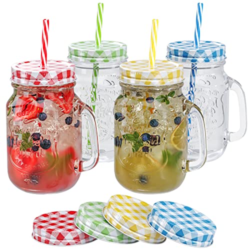 WELLGRO Zestaw kolorowych szklanek do picia z pokrywką i słomką do picia 500 ml wraz z zapasowymi pokrywkami wielokrotnego użytku, szklanymi kubkami, liczba sztuk: 8 sztuk