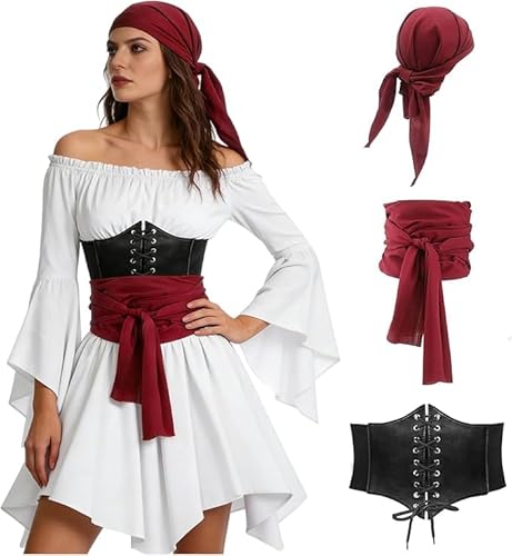 Generico Costume Pirata Donna,Abito Medievale Donna con Top A Spalle Scoperte e Corsetto da pirata Abito Rinascimentale Vittoriana per Carnevale Halloween Cosplay (L)