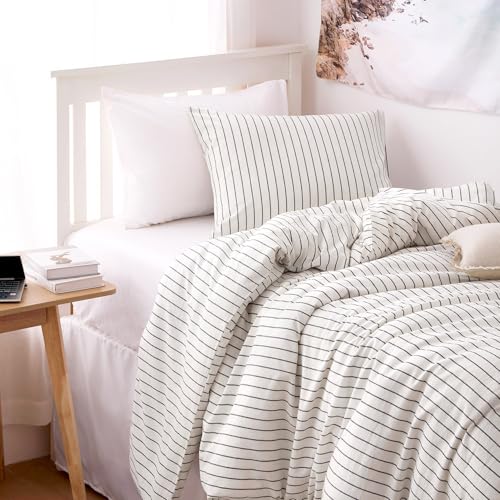 Image of Wake In Cloud - Striped Cotton Duvet Cover Set, Ticking Stripe Vertical Pinstripe Farmhouse, 100% Washed Cotton Textured Bedding Set, 3 Pieces, White, Twin /Twin XL Size