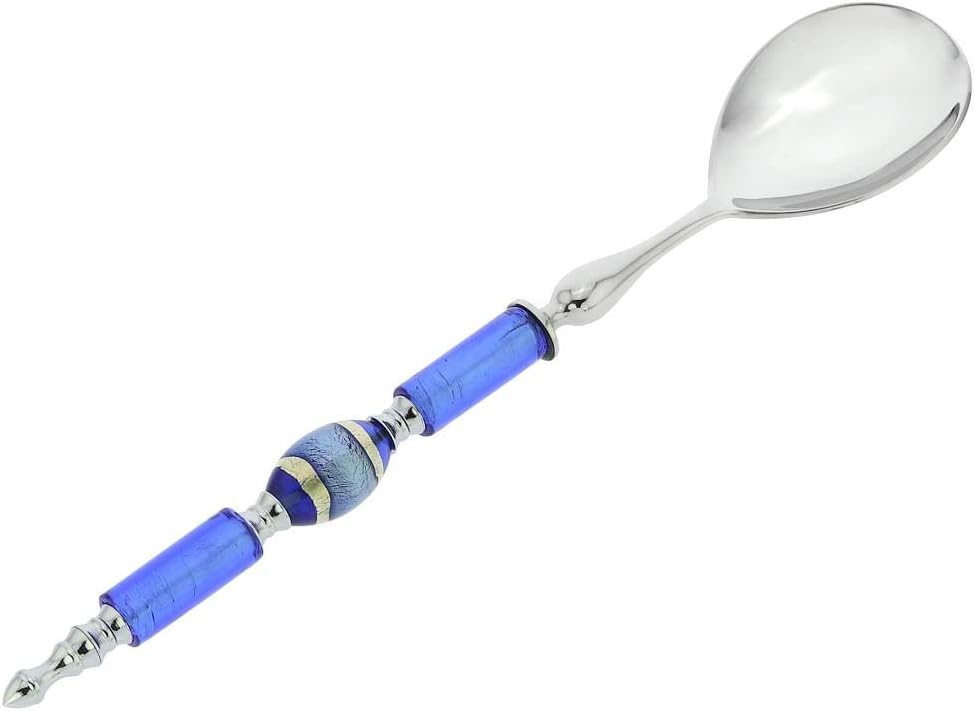 Glass Of Venice Italian Murano Glass Salad Spoon - Silver Blue Stripes