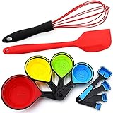 Measuring Cups & Spoons Set, 8 Pieces, Collapsible for Liquid & Dry Ingredients, Red Silicone Spatula, Balloon Hand Egg Whisk, Heat Resistant, BPA Free, Cooking/Baking Food Prep Kitchen Tools