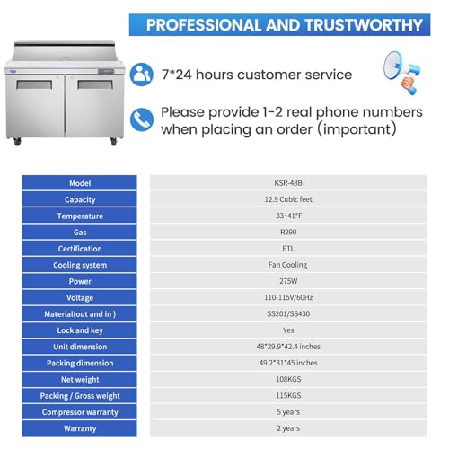48" W 2 Door Refrigerator Sandwich Salad Prep Table Commercial Stainless Steel Fan Cooling Refrigerator with Cutting Board, 2 Shelves & 18 Pans for Restaurant, Bar, Shop-12.9 Cu.ft - Image 4