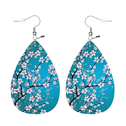Zokola Cherry Blossoms Teardrop Earrings, Japanese Pink Cherry Flowers Branch Double-Sided Dangle Earring For Women Friends, Lightweight Faux Leather Earrings