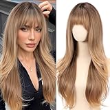 testar Gelbbraun Lange Wellige Perücken für Damen mit Pony, Natürliche Synthetische Geschichtete Hitzebeständige Perücke für Mädchen, Täglich, Party, Cosplay, Halloween