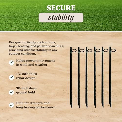 Yard Tuff 1/2" x 30" Rebar Stakes, Heavy-Duty Steel Ground Anchors with Loops for Tents, Tarps, Landscaping, Plants, and Outdoor Yard Support, 6 Pack