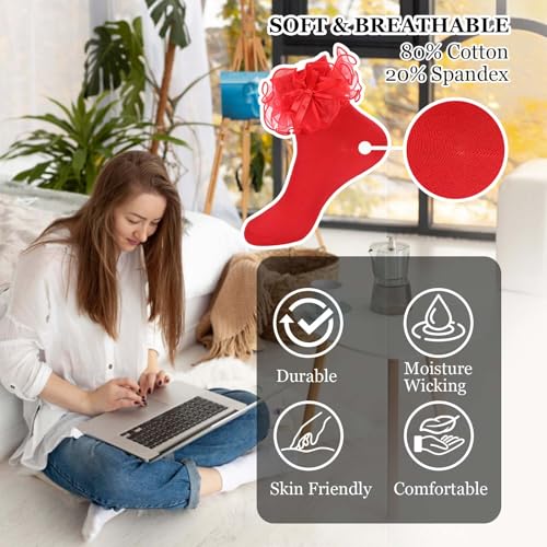 3 Pairs Big ruffle socks for women,Double Lace Ruffle Socks with Bows,women’s ankle sock,Size 9-11, White Black Red4