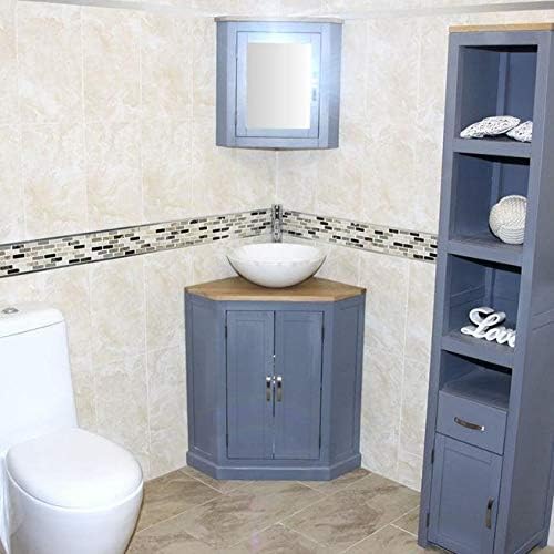 Wooden Bathroom Corner Vanity with Sink - Grey Painted Bathroom Sink Cabinet with Oak Top - Double-Door Vanity Unit with Chromed Mixer Tap - White Marble Bowl