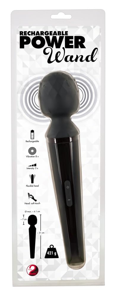 You2Toys Power Wand - vibrierender Massagestab für Frauen und Männer, 24 Vibrationsmodi, mit flexiblem Kugelkopf, kabellos, sehr groß, schwarz