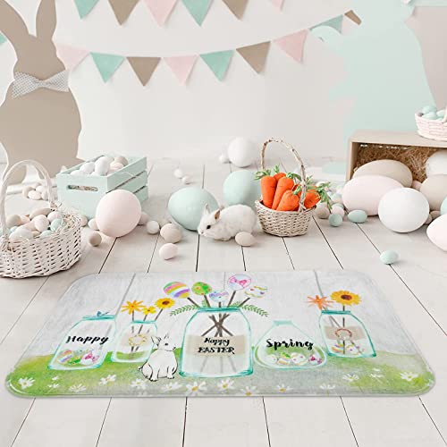 Vertkrea Easter Egg Rabbit Rug, Happy Easter Mat, Spring Flower Flannel Floor Mat, Easter Decorative Door Mat For Bathroom, Kitchen, Living Room, Bedroom, 18 X 30 Inches #TOP1