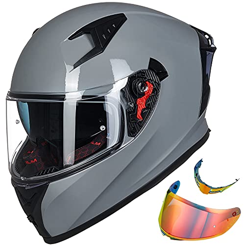ILM Motorcycle Helmet Full Face with Pinlock Compatible Clear&Tinted Visors and Fins Street Bike Motocross Casco DOT(Gray, X-Large)