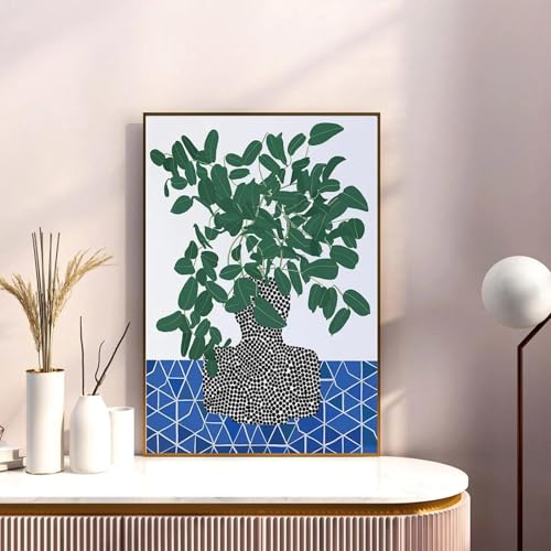 Tableau abstrait vase à feuilles vertes pour deco murale moderne