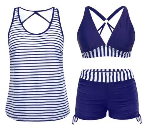 Image of Yonique 3 Piece Tankini Swimsuits for Women Swim Tank Top Bathing Suits with Boy Shorts and Bra Athletic Swimwear