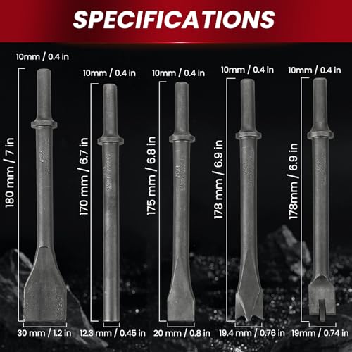 AMGSH 9 Pcs Air Hammer Pneumatic Chisels Tools, 9pcs 0.401\'\' (10mm) Shank Heavy Duty Pneumatic Air Hammer Chisels, Air Hammer Punch Chipping Bits Tool