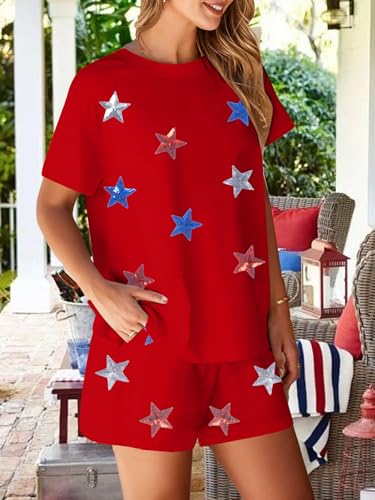 Image of VILOVE 4th of July 2 Piece Sequin Outfits Women 250 Anniversary Usa Shirts and Short Sets Casual Patriotic Shirt Summer Set
