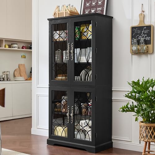Image of Joaxswe 67 inch Tall Pantry Cabinet, Wood Kitchen Pantries Cabinets with Glass Doors & Adjustable Shelves, Freestanding Vintage Cupboard with Large Storage for Dining Room, Bathroom, Black