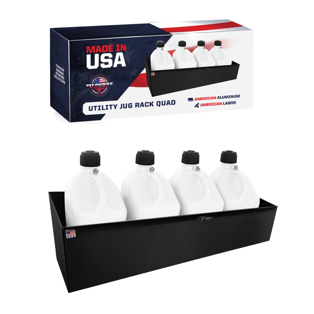 Pit Posse 431BK Utility Fuel Jug Rack Holder Shelf 46" Fits 4 Five Gallon Jugs - Made in USA - Enclosed Race Trailer Garage Shop Aluminum Quad Four