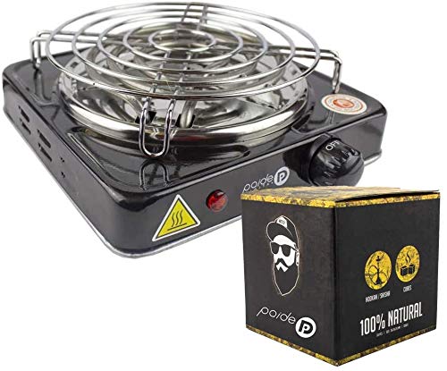 Pack für Shisha, Herd 1000W mit Gitter, natürliche Kokosnusskohle 26x26x26 (Schwarz)