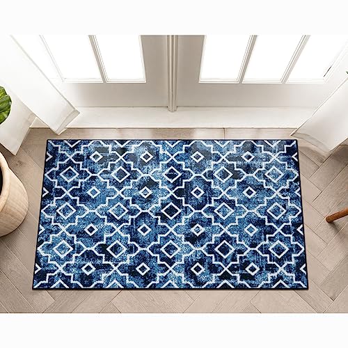 Wonnitar Moroccan Door Mats Indoor,32"X48" Welcome Indoor Mats For Front Door Entry,Washable Non-Slip Home Entrance Doormat,Low-Profile Dirt Resist Carpet For Entryway Doorway Mud Room,Post Blue #TOP7