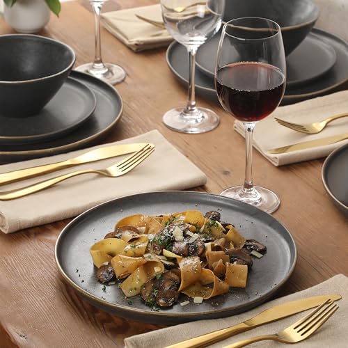 Image of Gibson Elite Coastal Forest Plates and Bowls Sets, 12-Piece Stoneware Dinnerware Sets, Triple Reactive Glaze Dish Set - Black