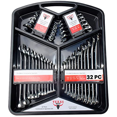 Texas Best Chrome Vanadium Steel Combination High Quality Wrench Set | SAE (Inch) & Metric Sizes | Quick Access Hanging Tray | Carry Case Master Organizer Included (32 Pc)