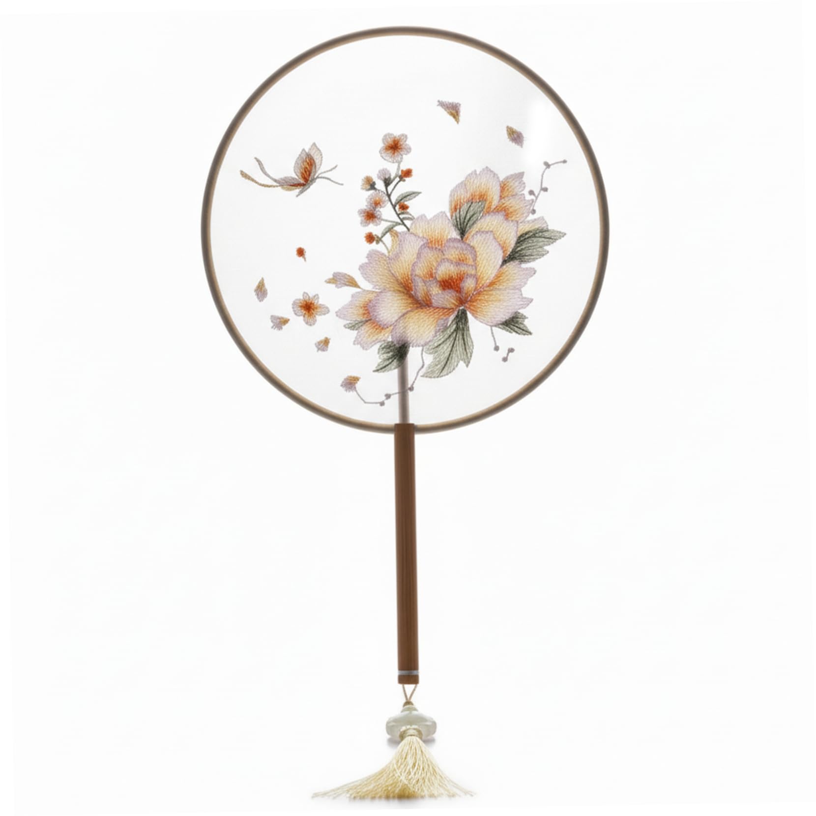 Garrrdenfurni Chinese Hand Fan Double-Sided Embroidery 8.3 Inch Round Silk Fan with Wood Handle, Traditional & Oriental for Decor and Performance