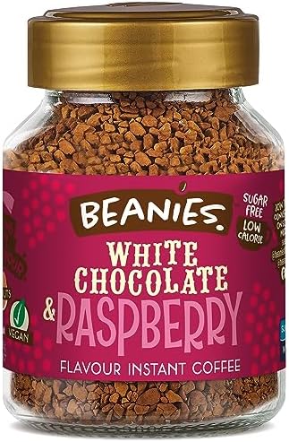 Beanies Flavour Instant Coffee -White Chocolate & Raspberry Instant Flavored Coffee - Bold & Adventurous Full-On Flavor - An Indulgent Sugar Free Taste Explosion - Low Calorie - Vegan & Gluten Free - Wheat & Dairy Free, 6 x 50g jar