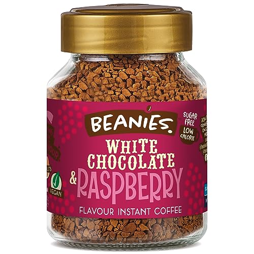 Beanies Flavour Instant Coffee -White Chocolate & Raspberry Instant Flavored Coffee - Bold & Adventurous Full-On Flavor - An Indulgent Sugar Free Taste Explosion - Low Calorie - Vegan & Gluten Free - Wheat & Dairy Free, 6 x 50g jar