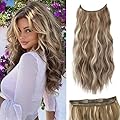 Brown Mixed Blonde Halo Hair Extensions Invisible Wire Long Wavy Synthetic Hairpiece with 4 Secure Clips for Women 20 In