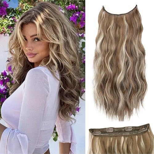 Brown Mixed Blonde Invisible Wire Hair Extensions Long Wavy Synthetic Hairpiece with 4 Secure Clips