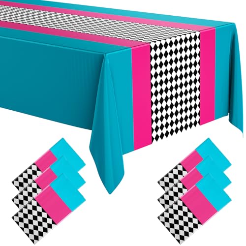 Buryeah Wonderland Tablecloth Checkered Plastic Table Cloth Racing Car Birthday Tablecloth Wonderland Party Decorations Car Party Decorations for Birthday Supplies, 54 x 108(Pink Blue Checkered,6 Pcs)