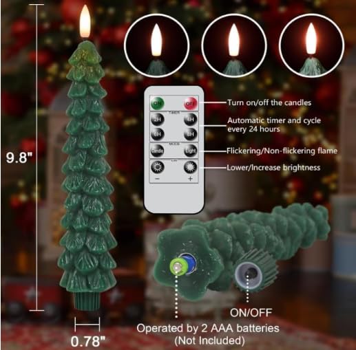Image of Christmas Tree Candles, Flameless Taper Candles with Frosted Green