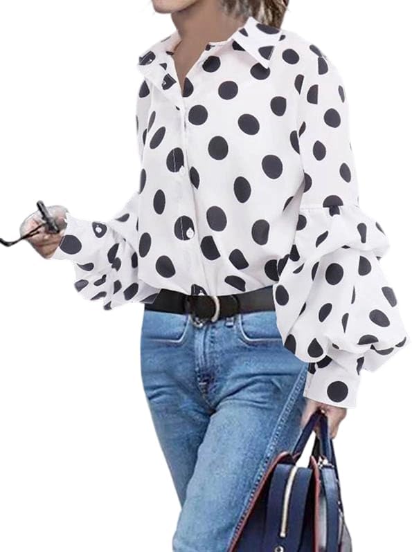 Women's Vintage Polka Dot Blouses Long Sleeve Loose Lantern Sleeve Button Down Shirts Retro Oversized Tunic Tops