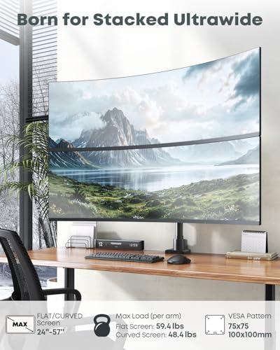 Image of Dual Monitor-Arm Ultrawide Heavy Duty - 24-57 inch Vertical Dual Monitor Mount, Adjustable Stacked Double Monitor Desk Mount Stand, Max Load 59.4 lbs (per Arm), VESA 75 /100 mm, Black