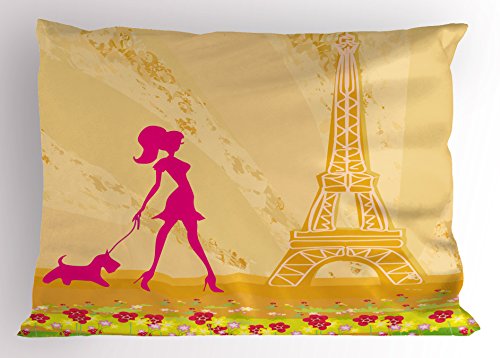 Ambesonne Teen Room Pillow Sham, Pink Silhouette of a Girl with The Dog Eiffel Tower in Paris Design, Decorative Standard King Size Printed Pillowcase, 36