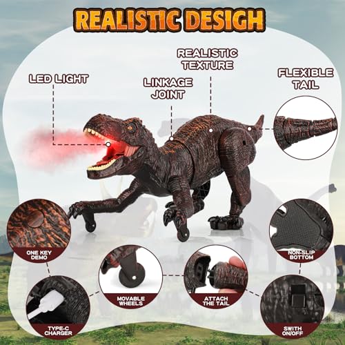 Dinosaure télécommandé avec spray brume de feu, sons jurassiques et lumières pour enfant