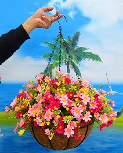 Home and Outdoors Silk Chain Hanging Basket Flowerpot Flowers DIY Artificial Daisy Red Flowers and Pink Flowers (Medium Basket)